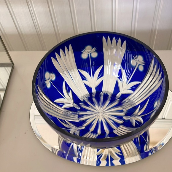 Vintage Bohemian Cobalt Blue Crystal Cut To Clear Bowl. Collectible - Picture 2 of 10